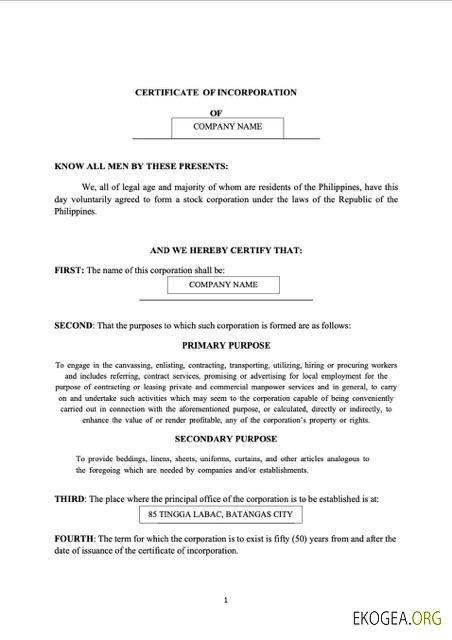 Modèle Word et PDF de certificat de constitution de Philippines Batangas